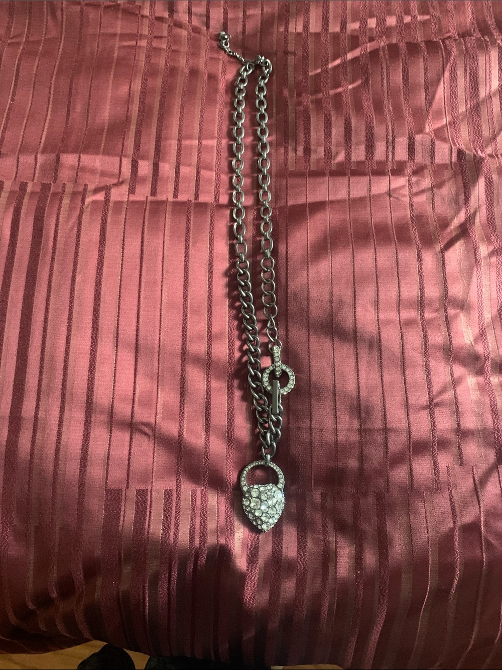 Silver-Tone Heart Lock Pendant Necklace with Crystal Accents